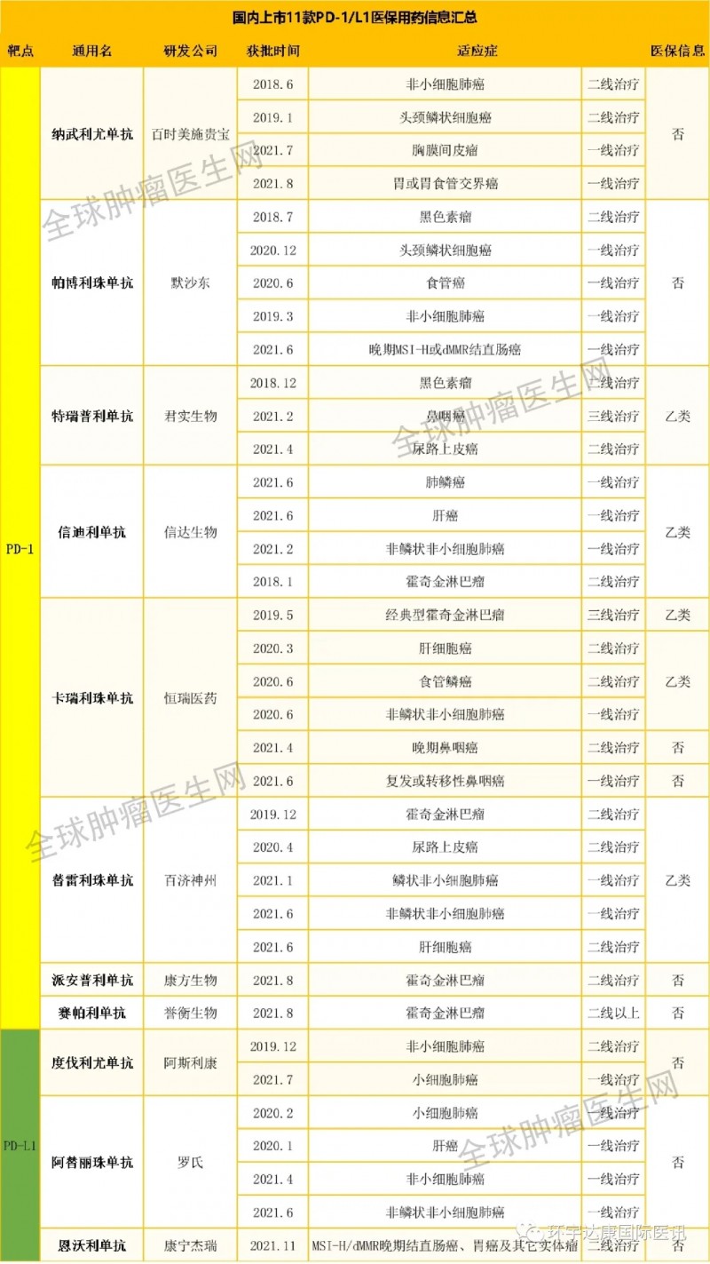 国内上市的11款免疫治疗(PD-1/PD-L1)药物信息汇总